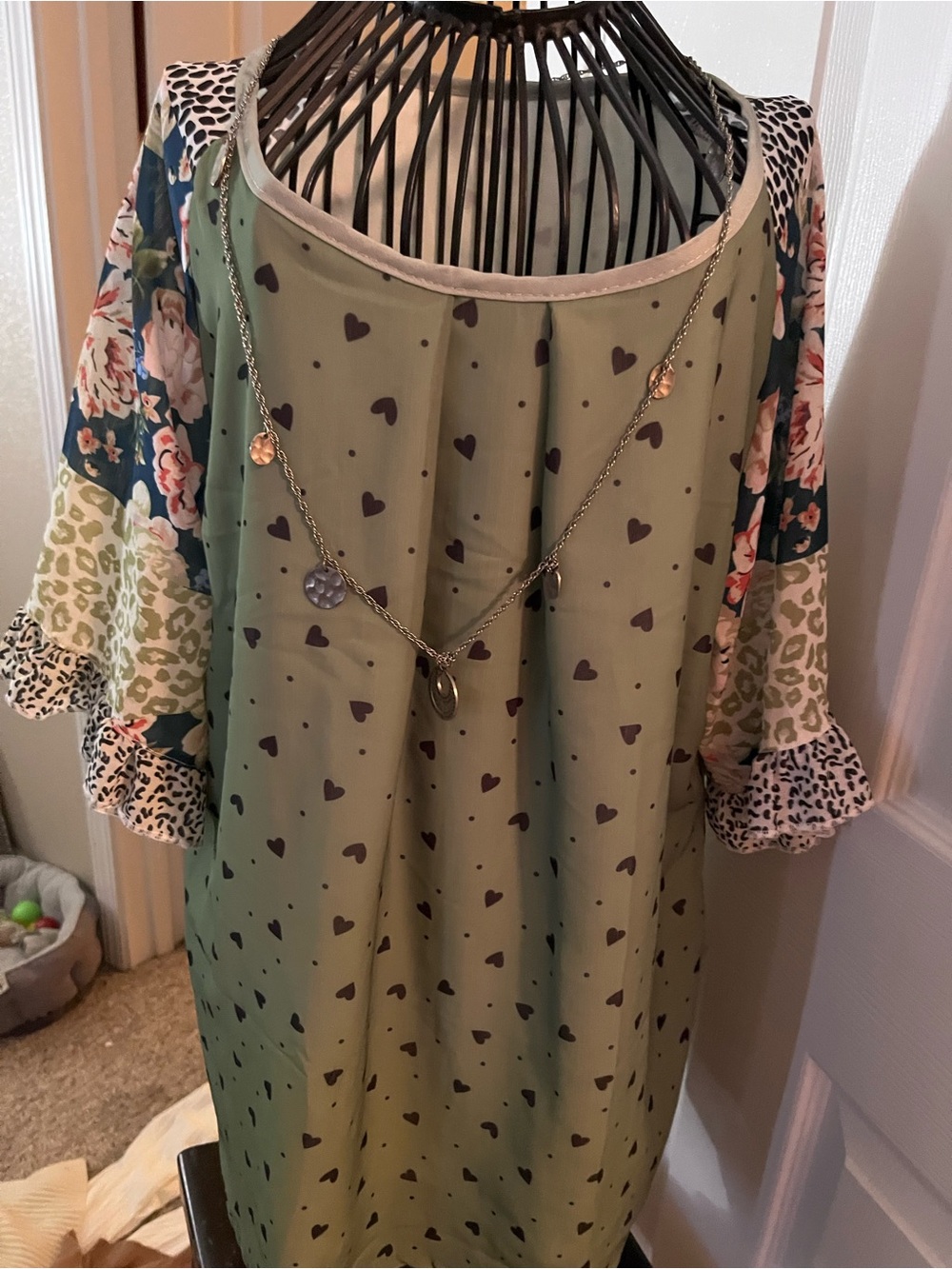 Olive Green Heart Print Mixed-Sleeve Dress